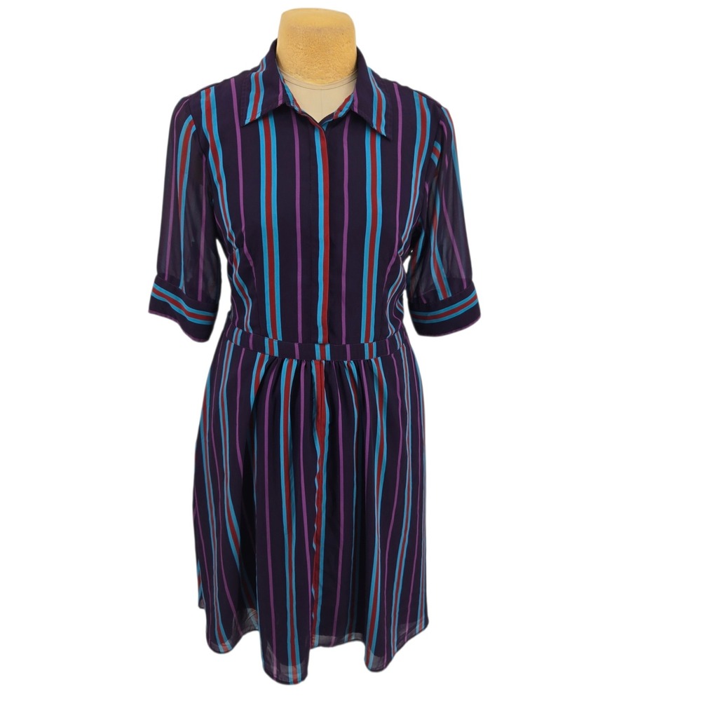 Zapelle Shirt Dress L Purple Striped Chiffon Tie Back Mod Retro Office Teacher